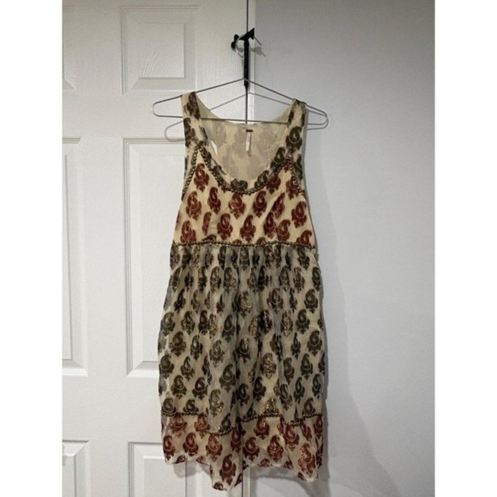Free People Paisley Mini Dress Womens 4 Gold Metallic Boho Festival Beaded